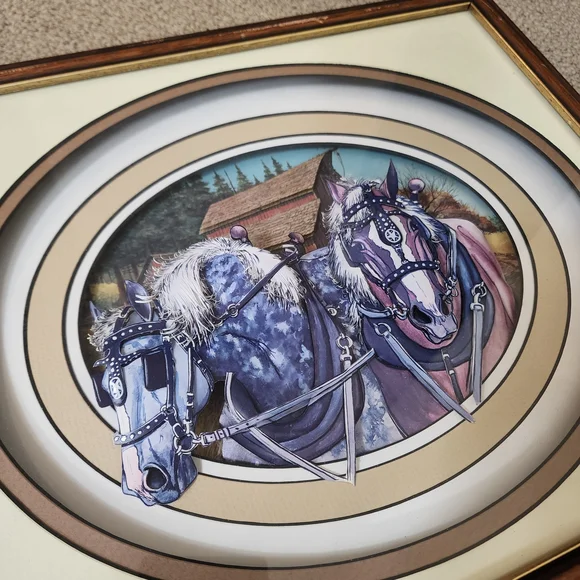 Vintage Gerlach Art Horses 3D Paper Tole in Rustic Wooden Glass Frame - Picture 2 of 14